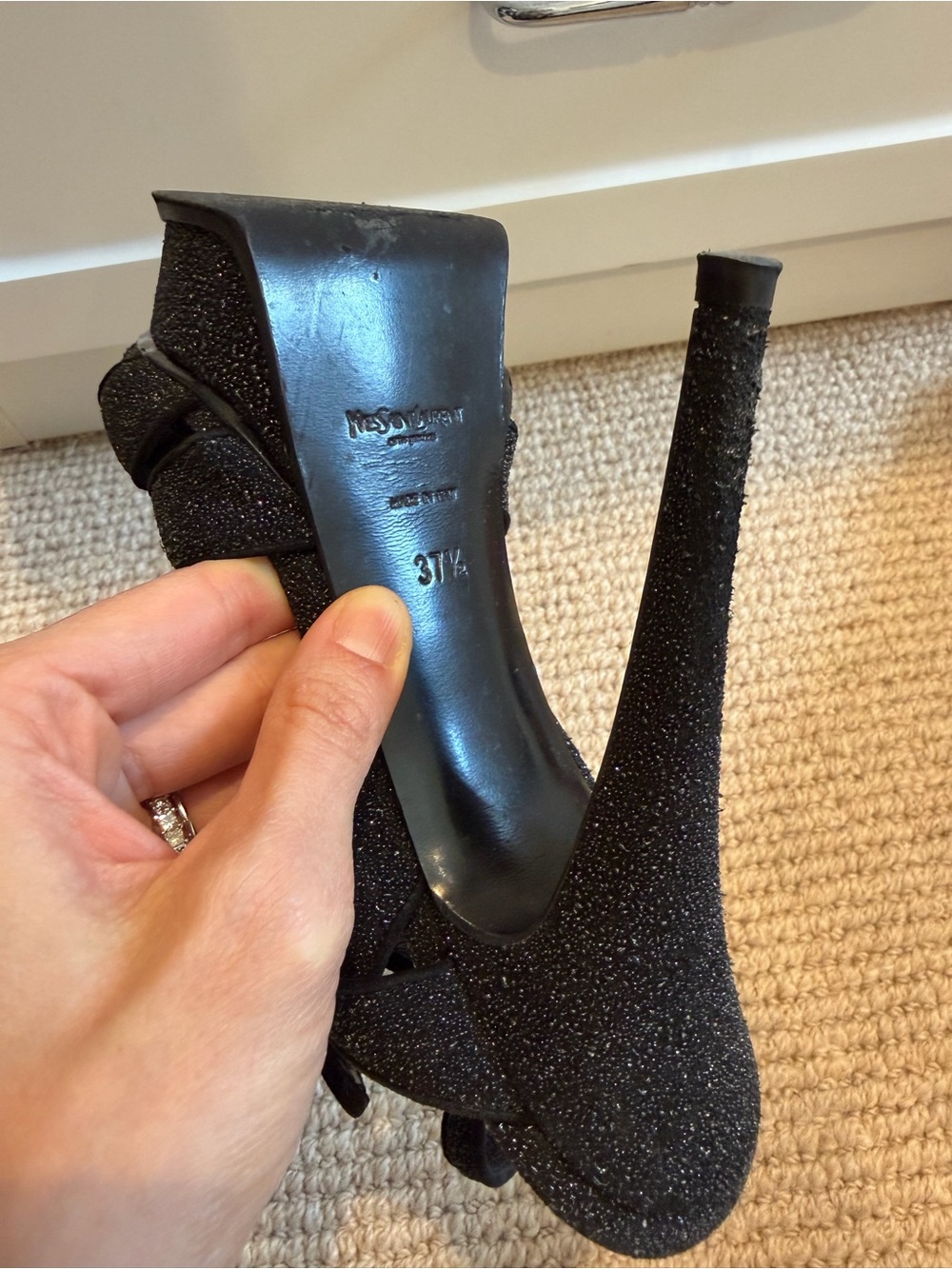 Yves Saint Laurent Black Glitter Platform T-Strap Heels - Picture 6 of 6